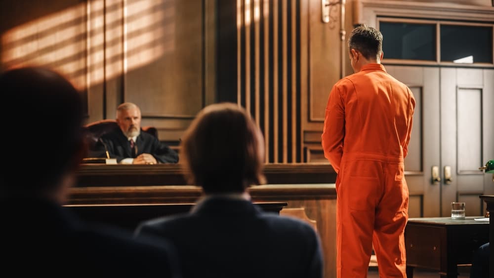 In a court of law, a defendant wearing an orange jumpsuit stands in the witness box, being questioned during trial proceedings. The judge and jury listen intently as the criminal, facing serious charges, denies the accusations while giving testimony.