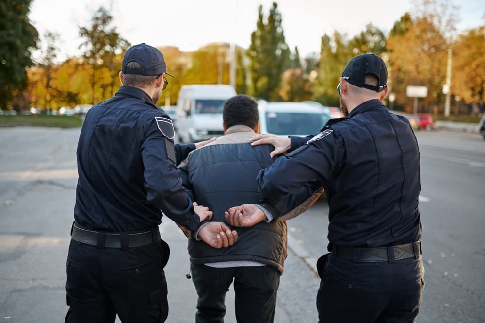 Two male police officers arrest young man
