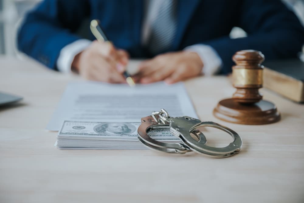 A person attempting to bribe their lawyer for release from custody, with handcuffs lying on the table as dollars are discreetly exchanged between hands in the background.